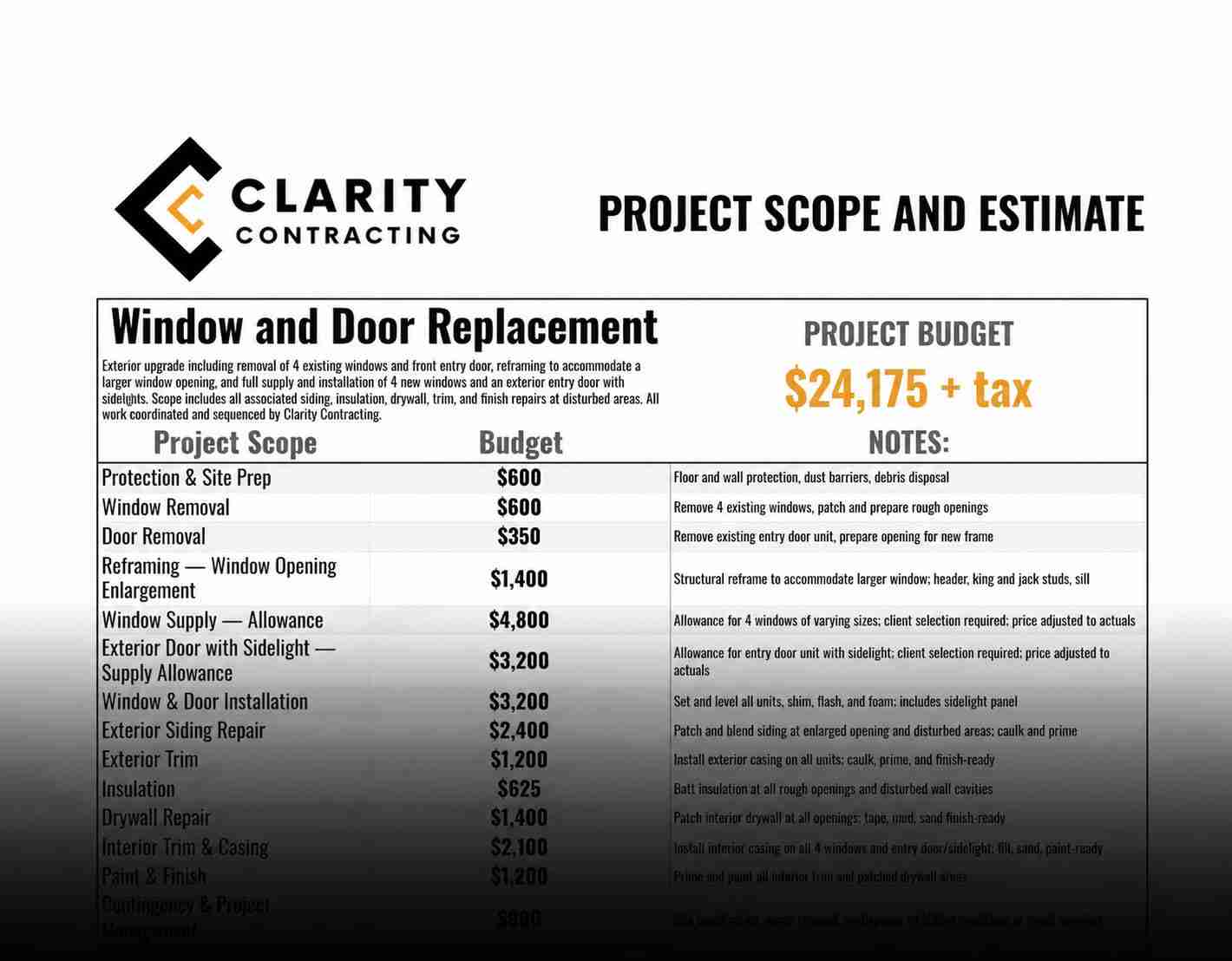 Clarity Contracting project scope and estimate for a window and door replacement in the Comox Valley, showing a budget of $24,175