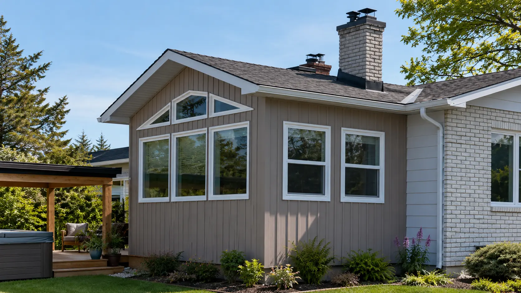 Completed window and door installation in Comox Valley — black garage doors entry door and upper windows on finished white exterior