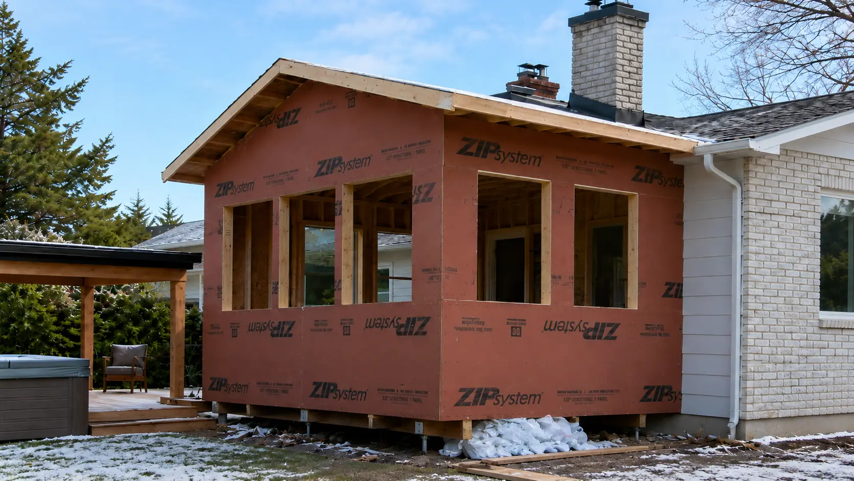 Window replacement in Comox Valley — lower windows installed with Tyvek wrap before siding and garage doors