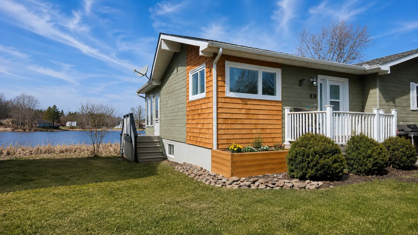 Finished window installation in Comox Valley — new windows installed on cedar shingle exterior addition with waterfront view