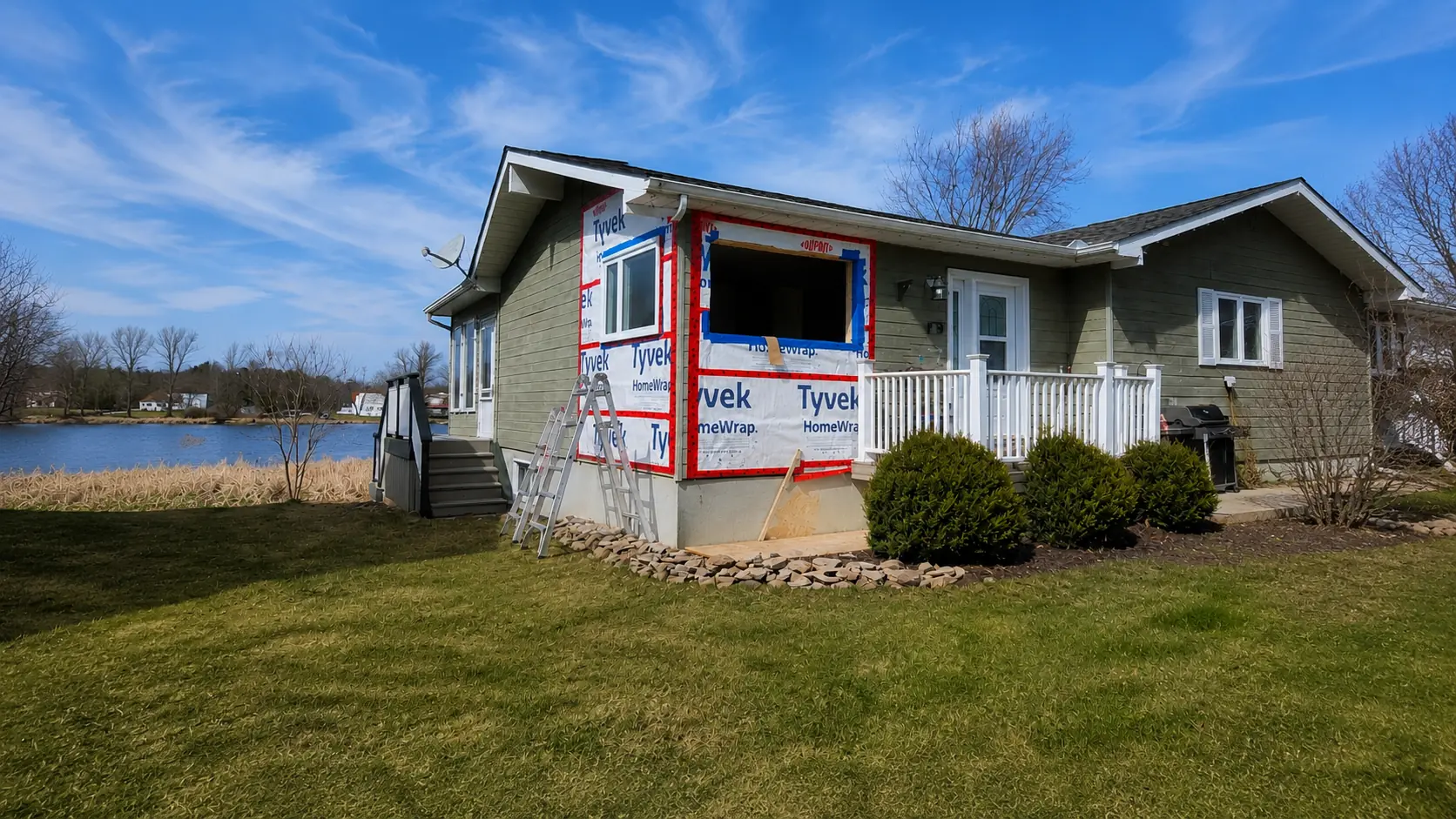 Window replacement in Comox Valley — new window opening framed with Tyvek wrap during exterior renovation