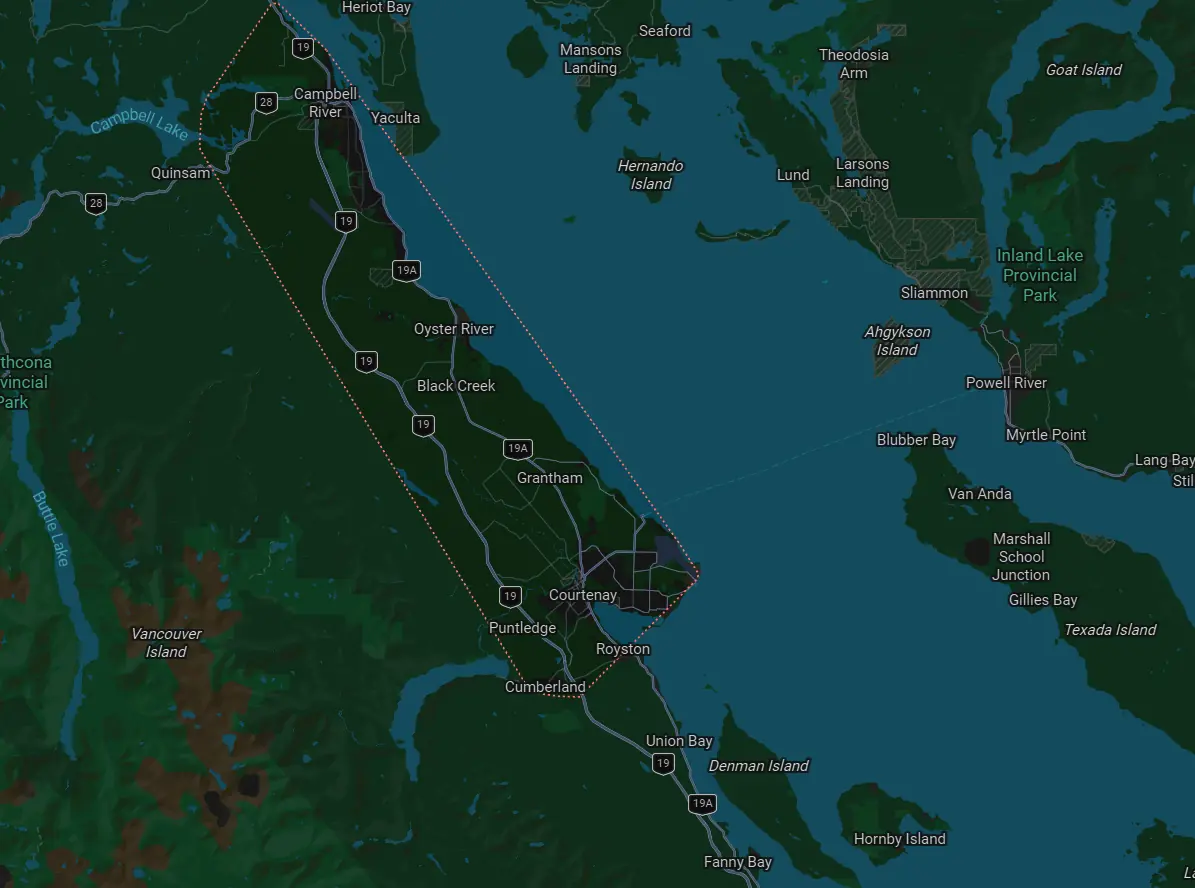 Clarity Contracting service area map serving Comox, Courtenay, Cumberland, Black Creek, Campbell River, Union Bay and Fanny Bay.