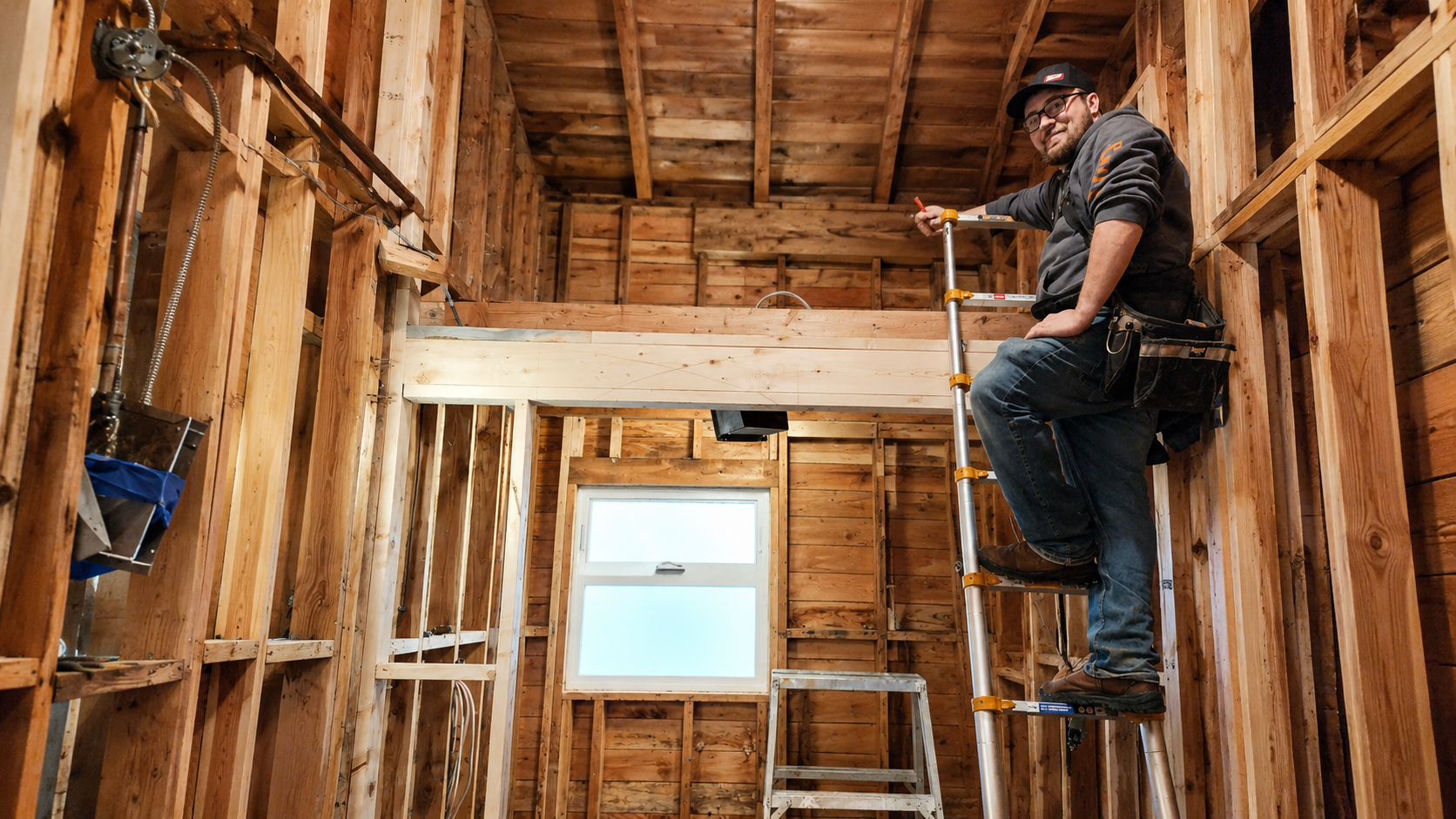 Clarity Contracting carpenter framing an interior home renovation in the Comox Valley